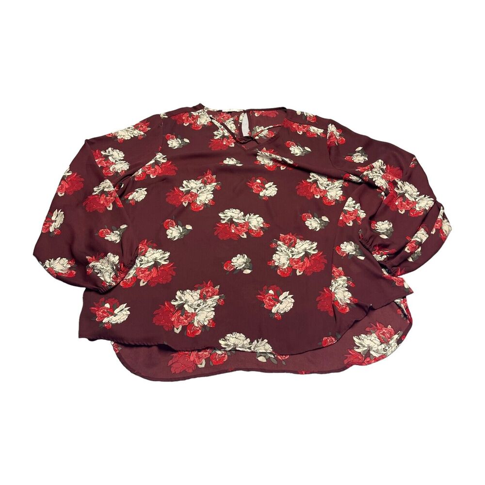 Maurices Blouse Women's 2 Maroon Floral Print Twisted Lattice V-Neck Relaxed Fit - Picture 1 of 6